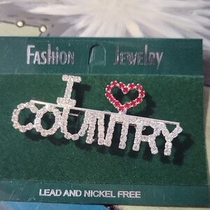 Silver Crystal 'I ♥ Country' Brooch with Red Heart